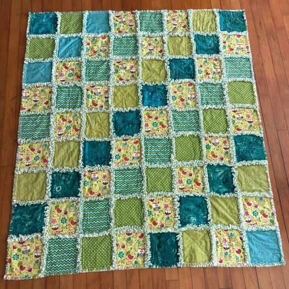 Handmade Quilt Infant Baby Child Crib Blanket Owl Nature Snail Tie Dye Fringe - Picture 2 of 3